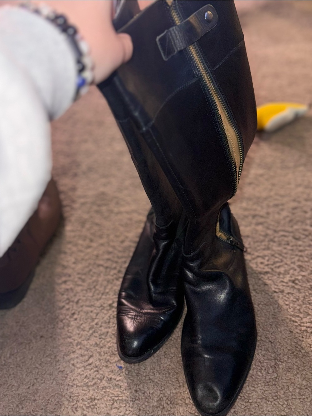 Black Leather Knee-High Boots with Side Zipper